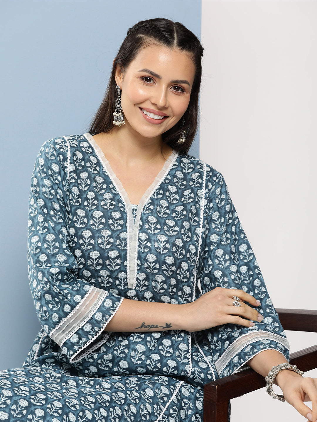 Bhama Couture Blue Floral Print A-Line Kurta With Lace Details & Blue Floral Print Palazzo.