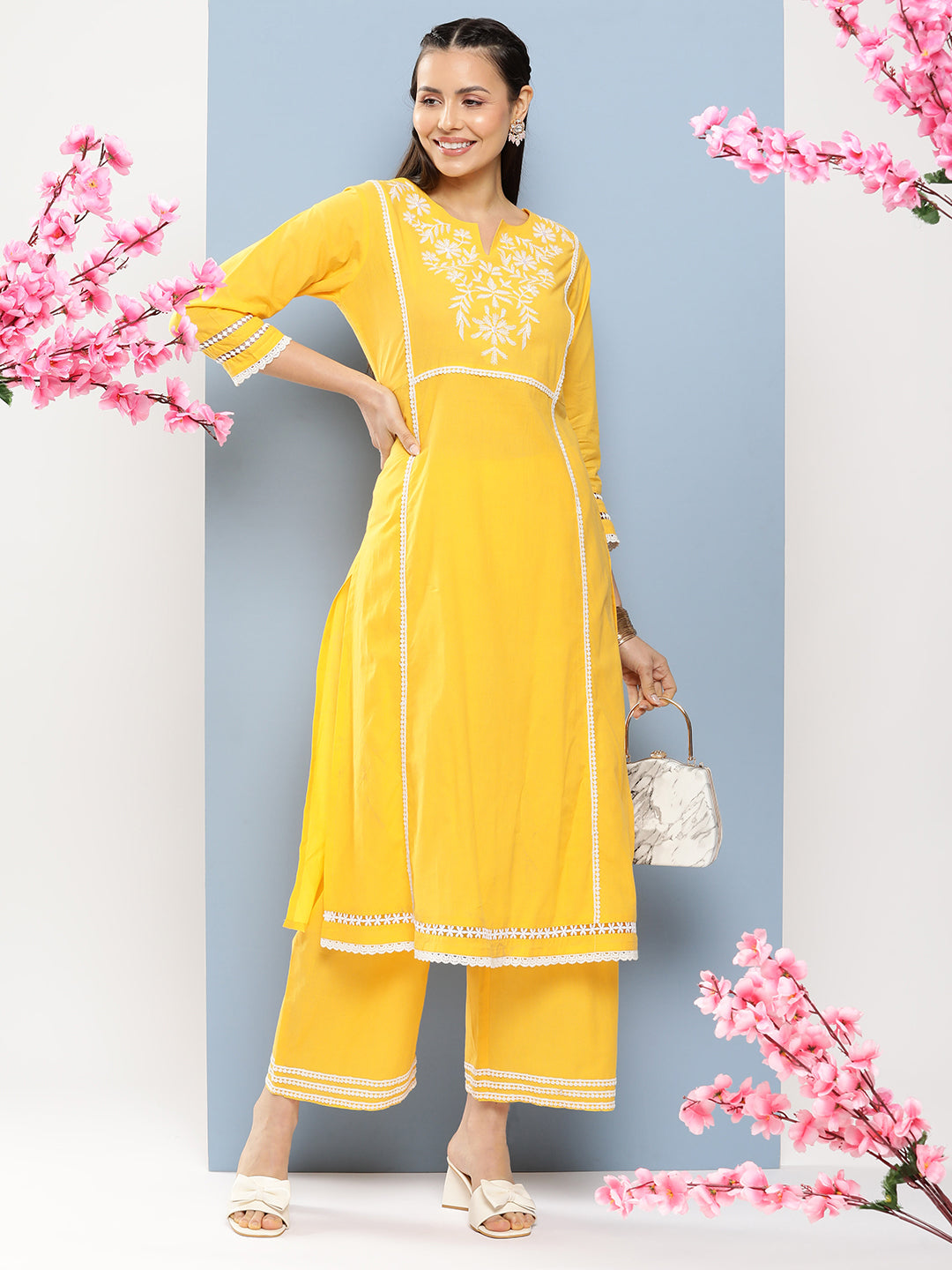 Shop Bhama Coture Yellow Yoke Design Kurta With Lace Details