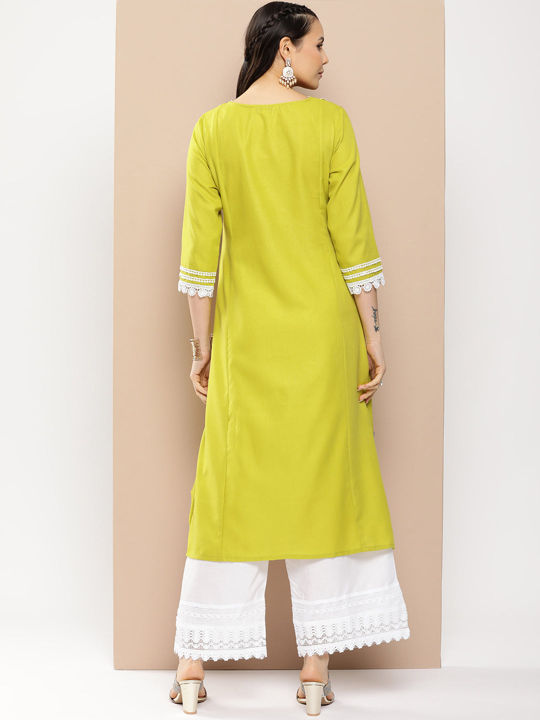 Bhama Couture Green And Red Yoke Design Kurta With Lace Details & Off White Palazzos