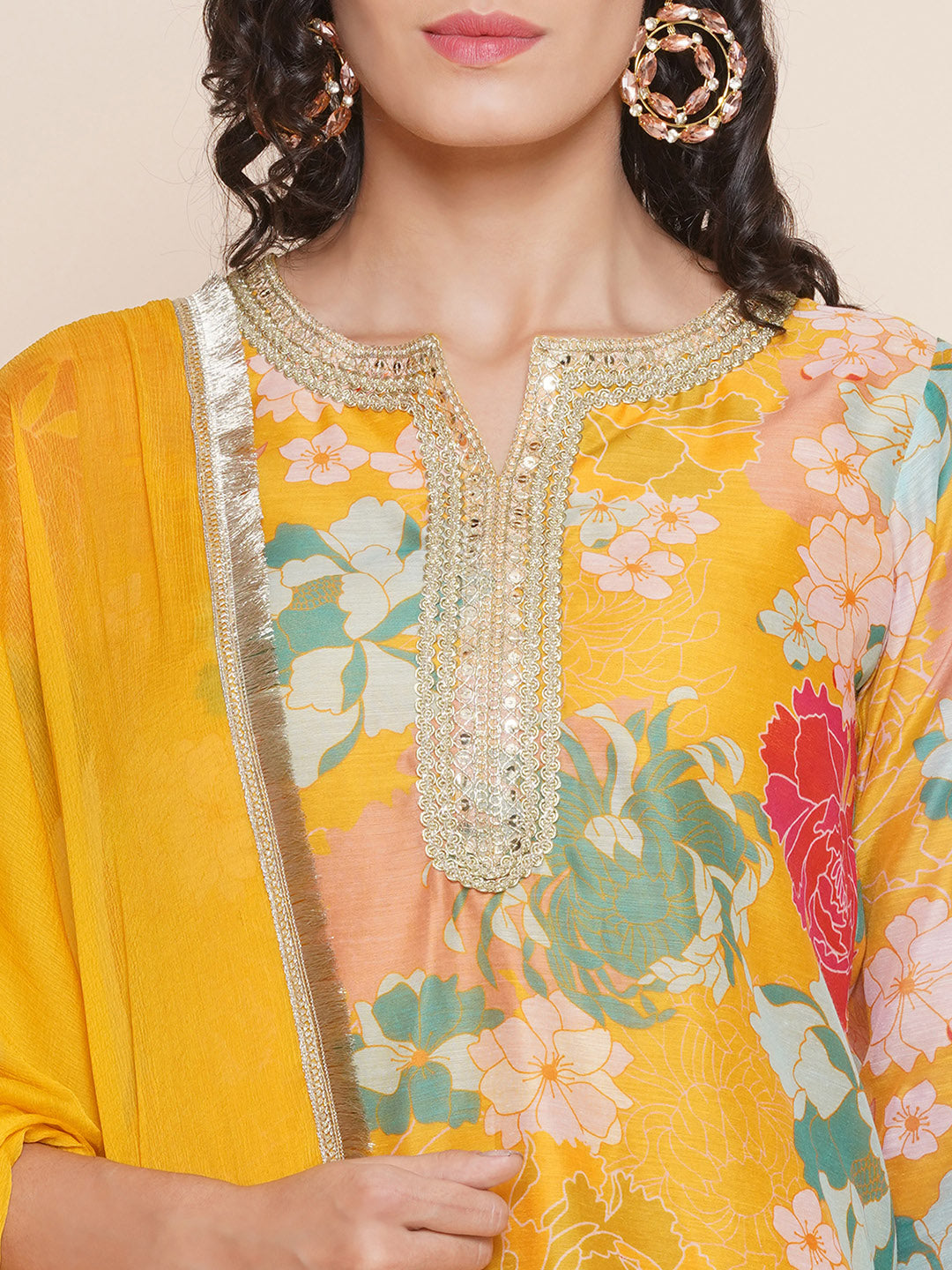 Yellow Floral Print Straight Kurta With Yellow Solid Palazzos & Dupatta