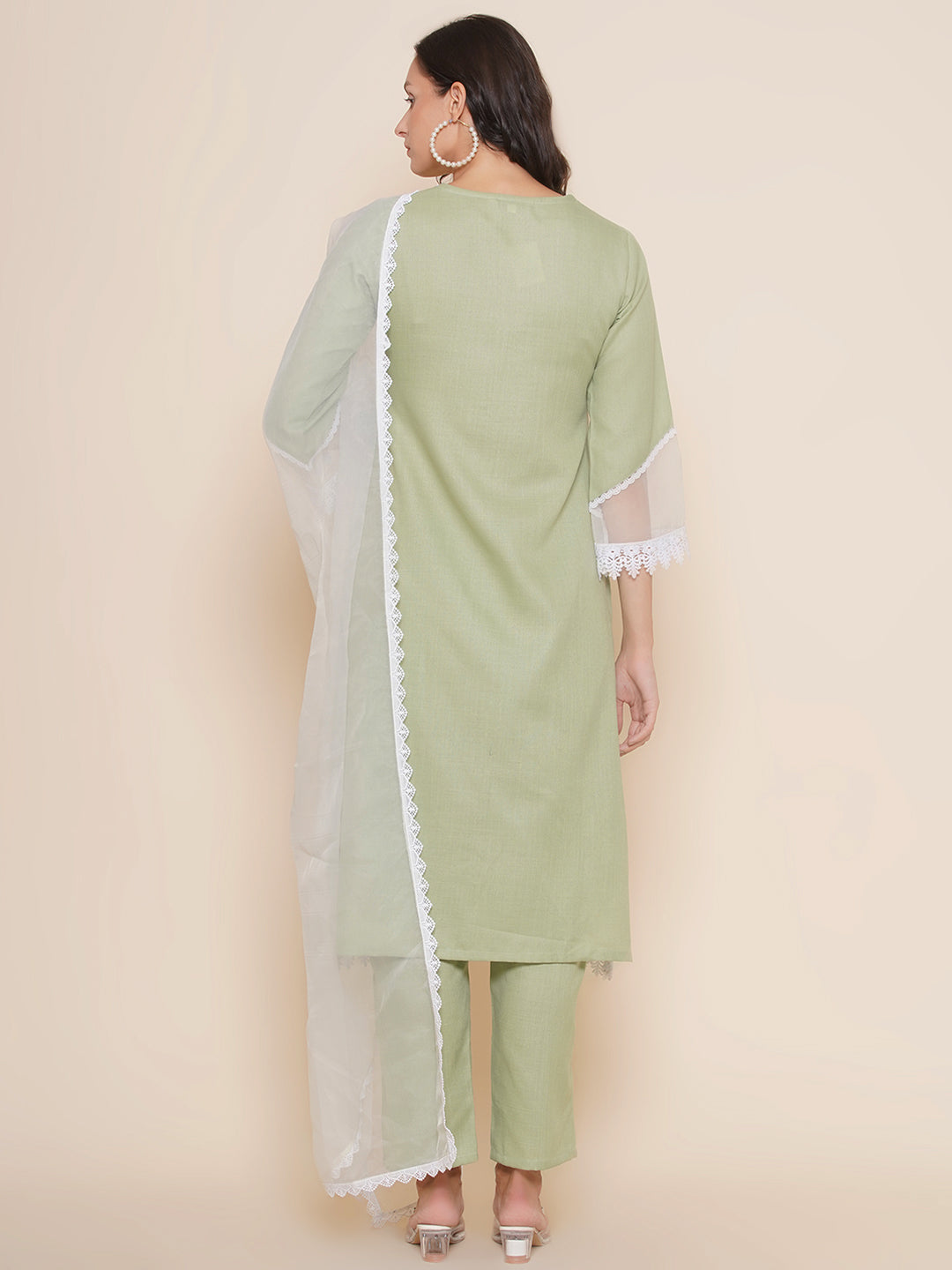 Green Embroidered straight kurta with Palazzo & Lace work Dupatta
