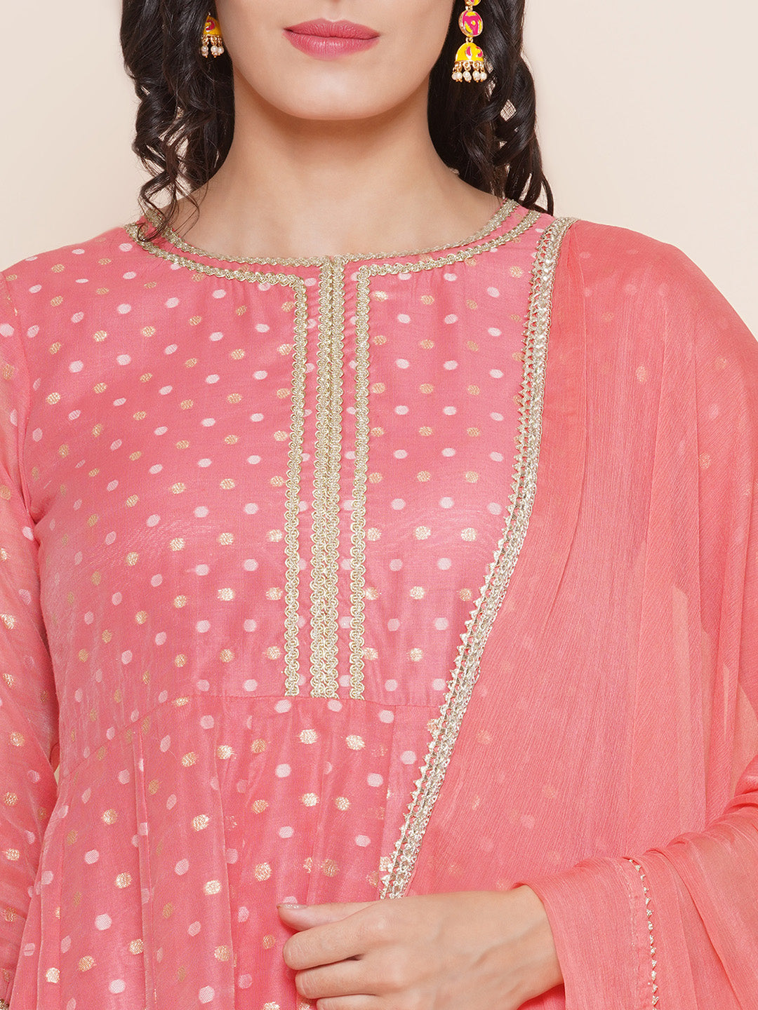Peach Self Design Anarkali kurta with Peach Solid Palazzos & Dupatta