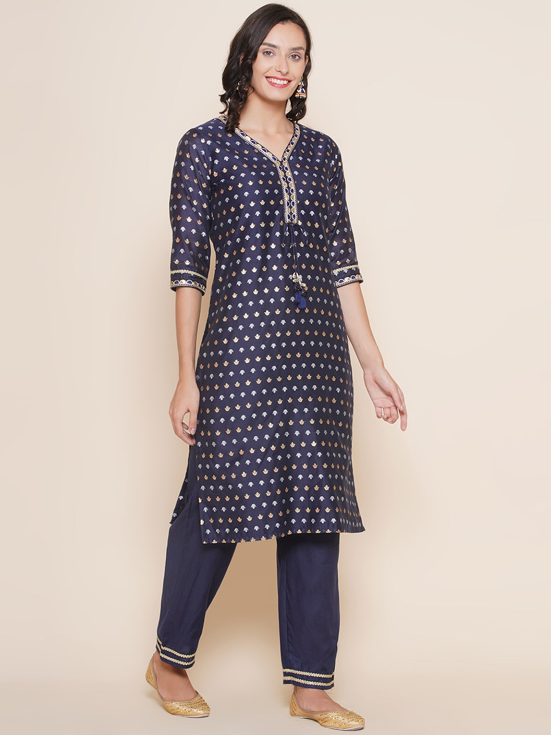 Bhama Couture Navy Blue Jacquard Booti Straight Kurta & Blue Solid Palazzos With Dupatta
