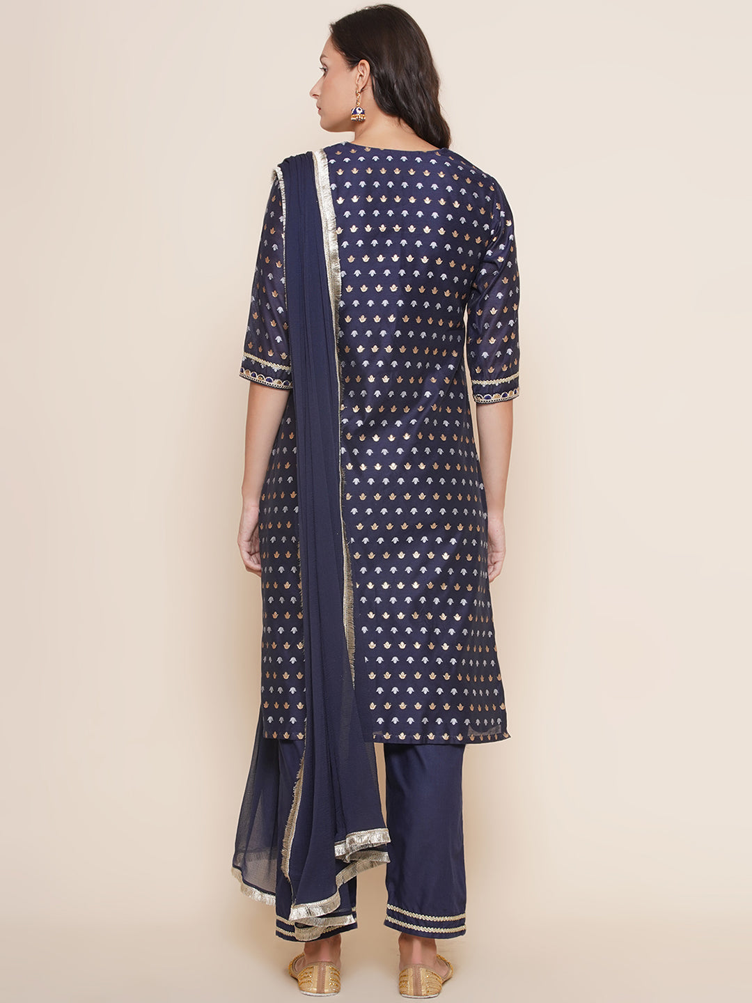Bhama Couture Navy Blue Jacquard Booti Straight Kurta & Blue Solid Palazzos With Dupatta