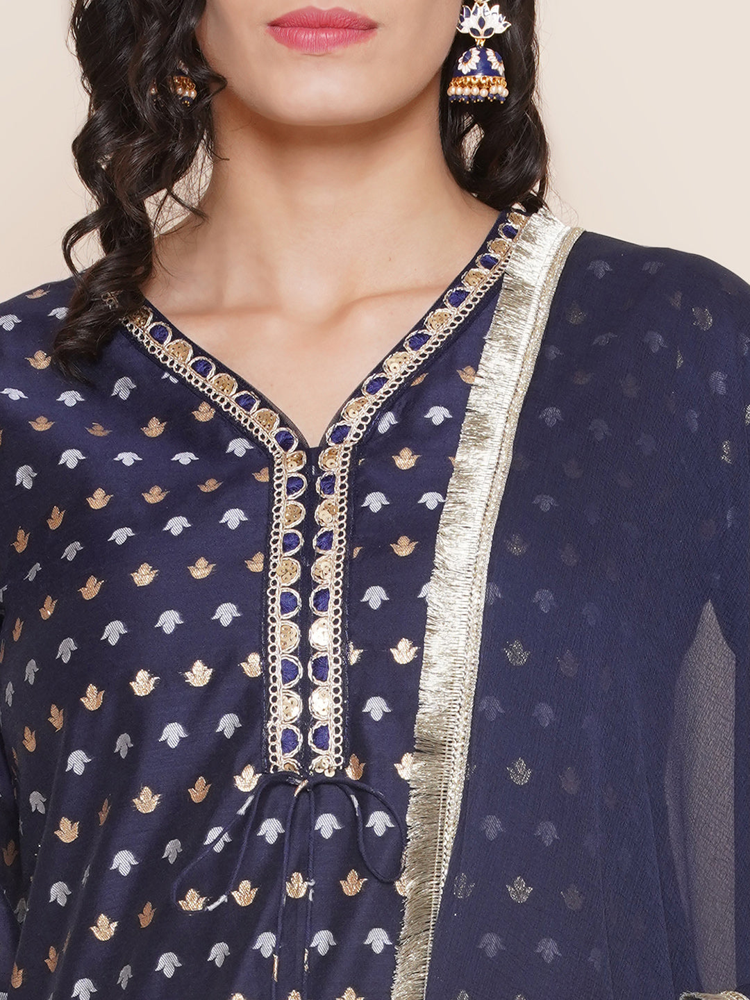 Bhama Couture Navy Blue Jacquard Booti Straight Kurta & Blue Solid Palazzos With Dupatta