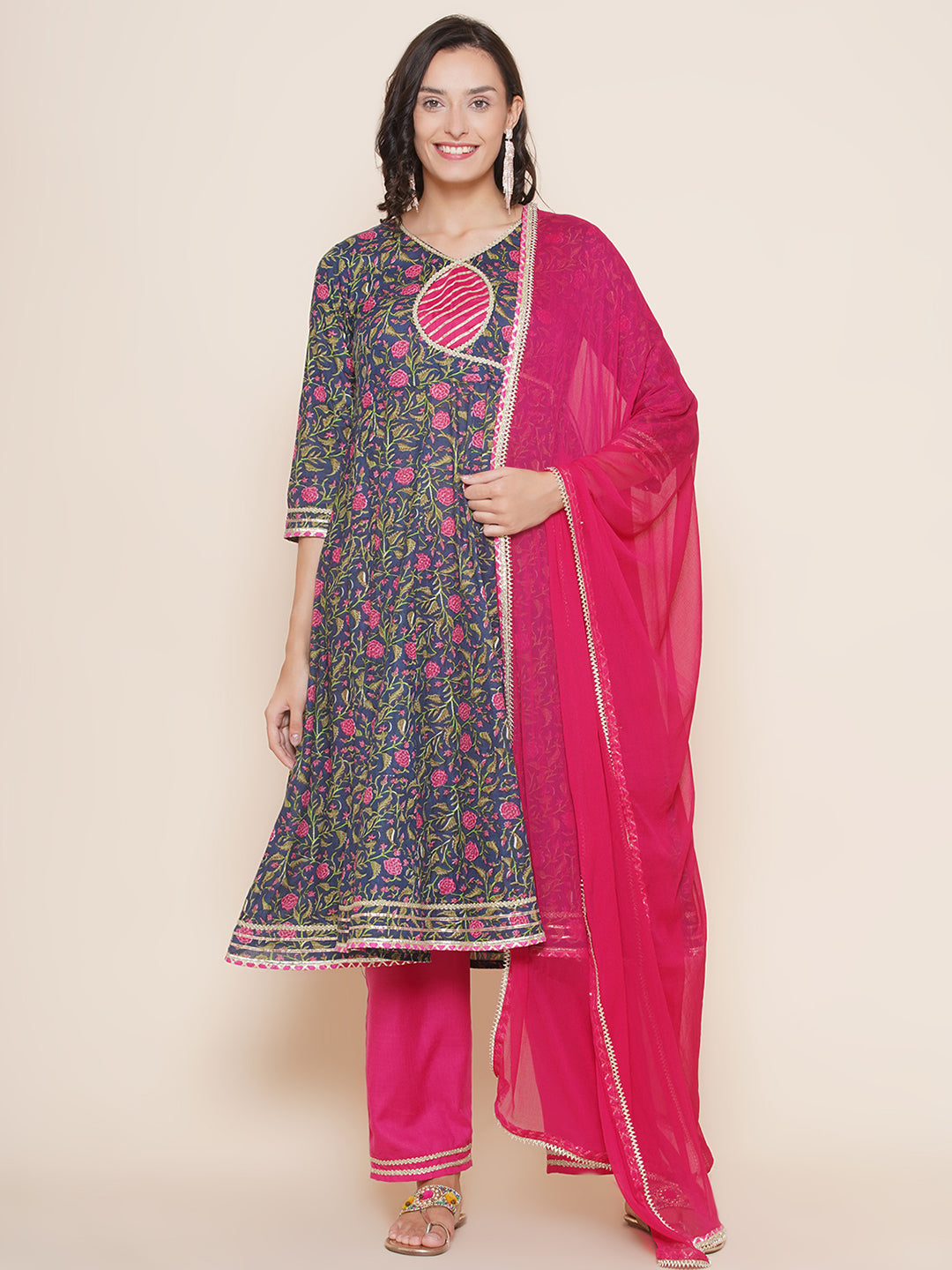 Bhama Couture Blue Pink Floral Print Anarkali kurta & Pink Solid Palazzos With Dupatta