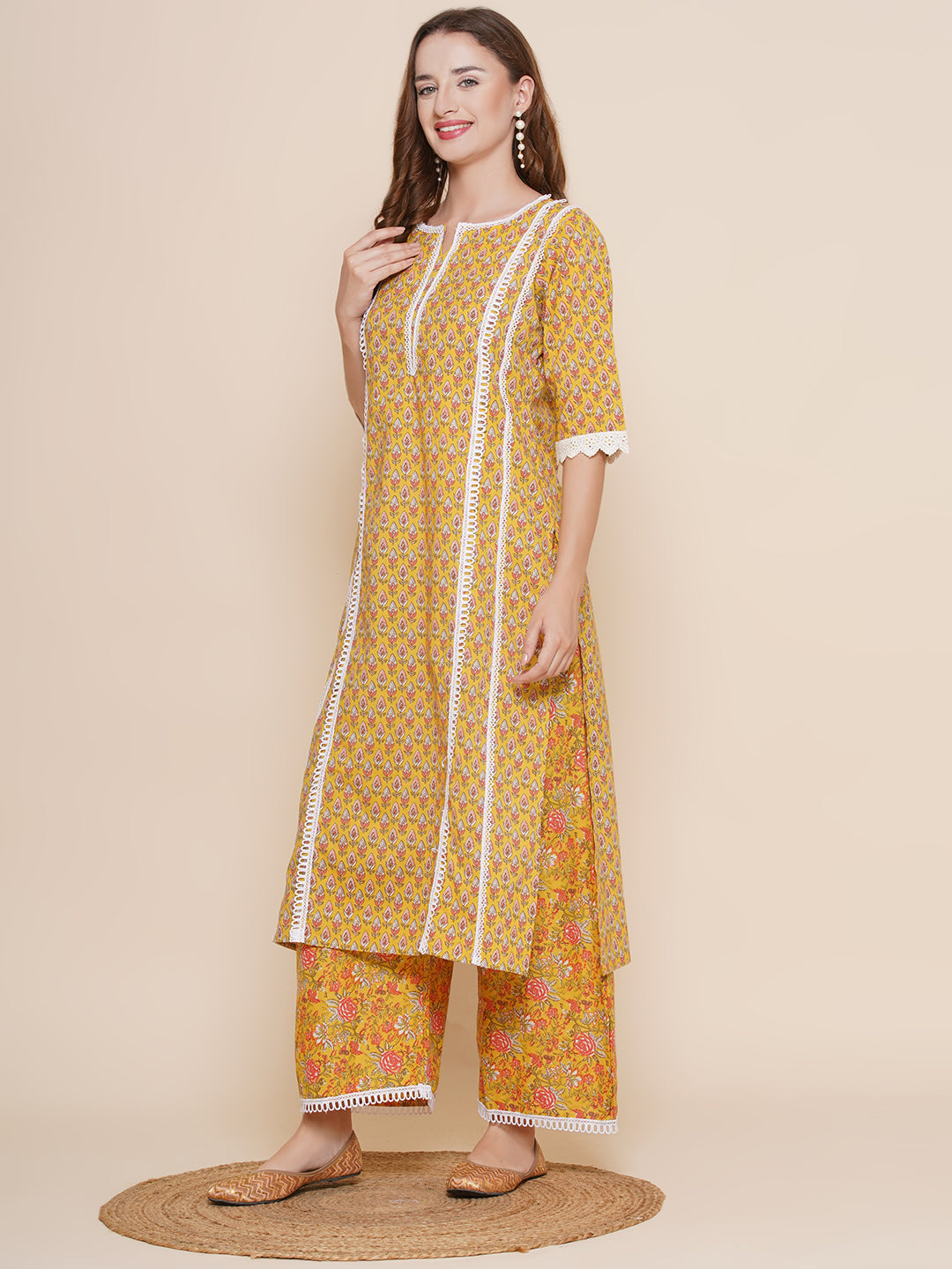 Women Mustard Yellow & Pink Printed Lace Details Kurta with Mustard Print Palazzos