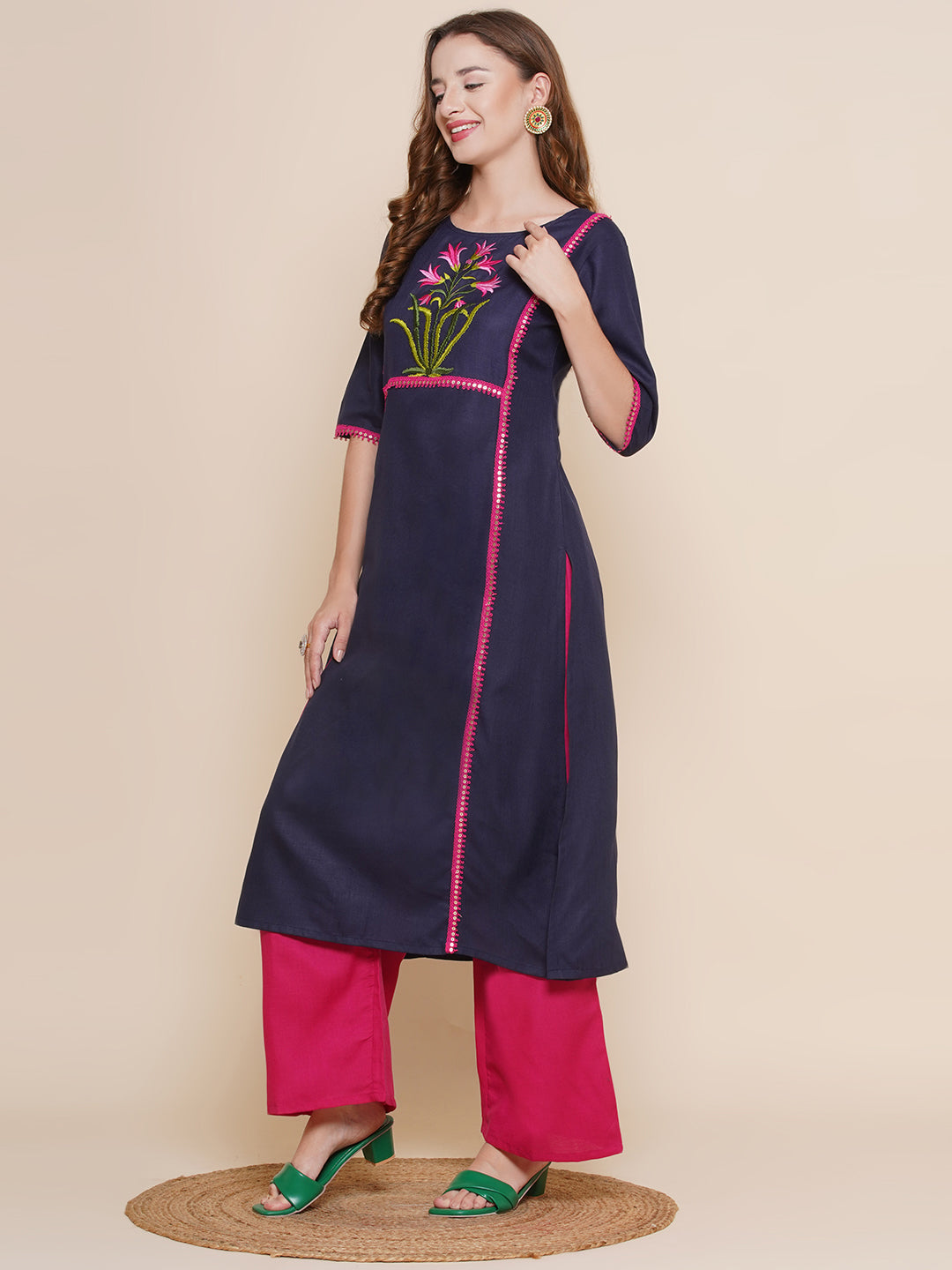 Women Navy Blue & Pink Yoke Embroidered Design Lace work Kurta with Pink Solid Palazzos