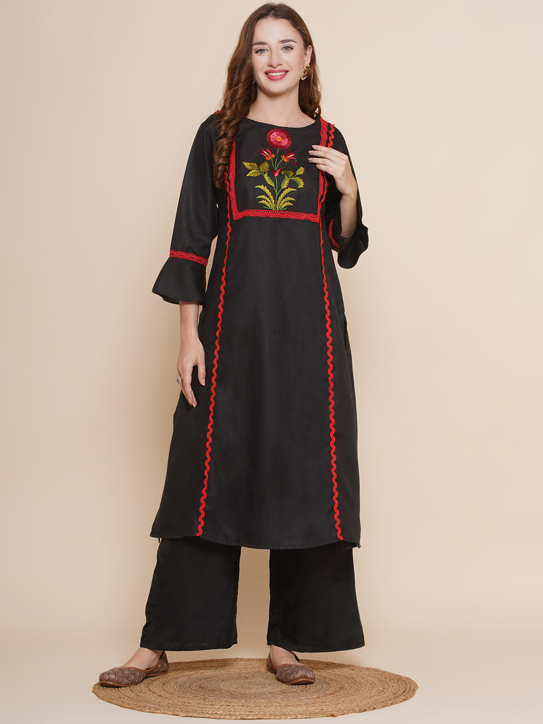 Shop Women Black Yoke Embroidered Design Lace Work Kurta with
