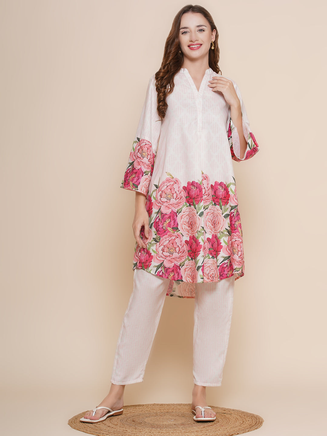 Shop Women Cream Rose Printed Kurta With Palazzos Online