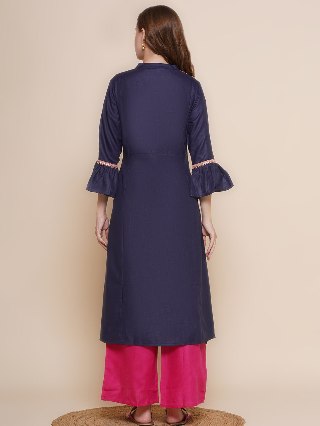Women Navy Blue & Pink Embroidered Lace work Kurta with Pink Solid Palazzos