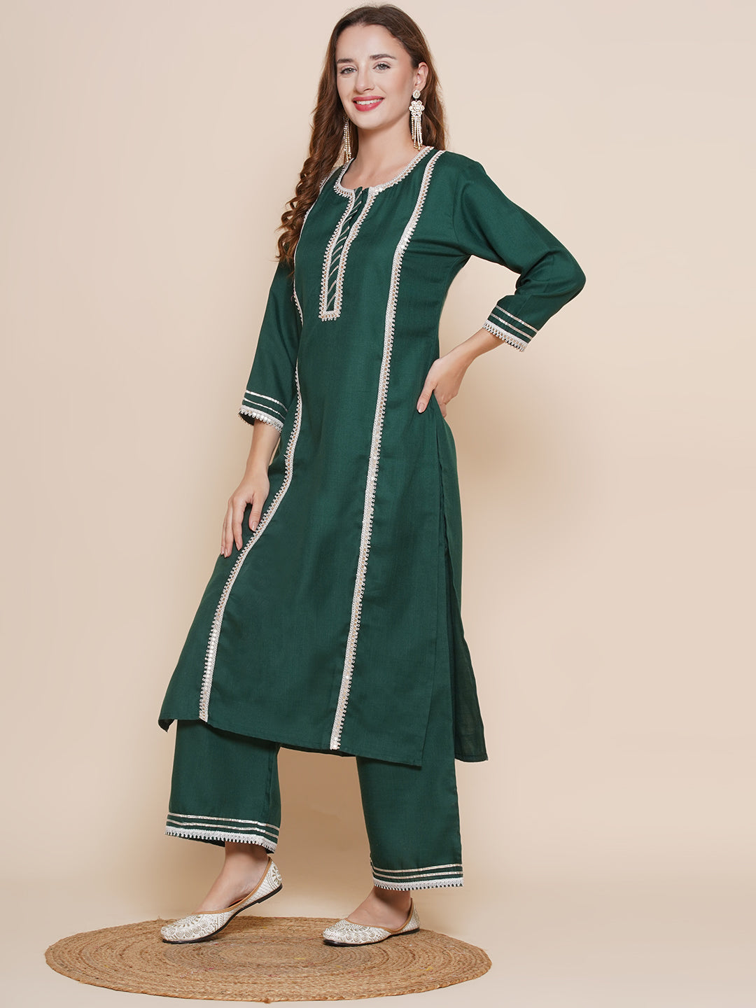 Green Solid Lace work Kurta with Green Solid Palazzos & Printed Dupatta