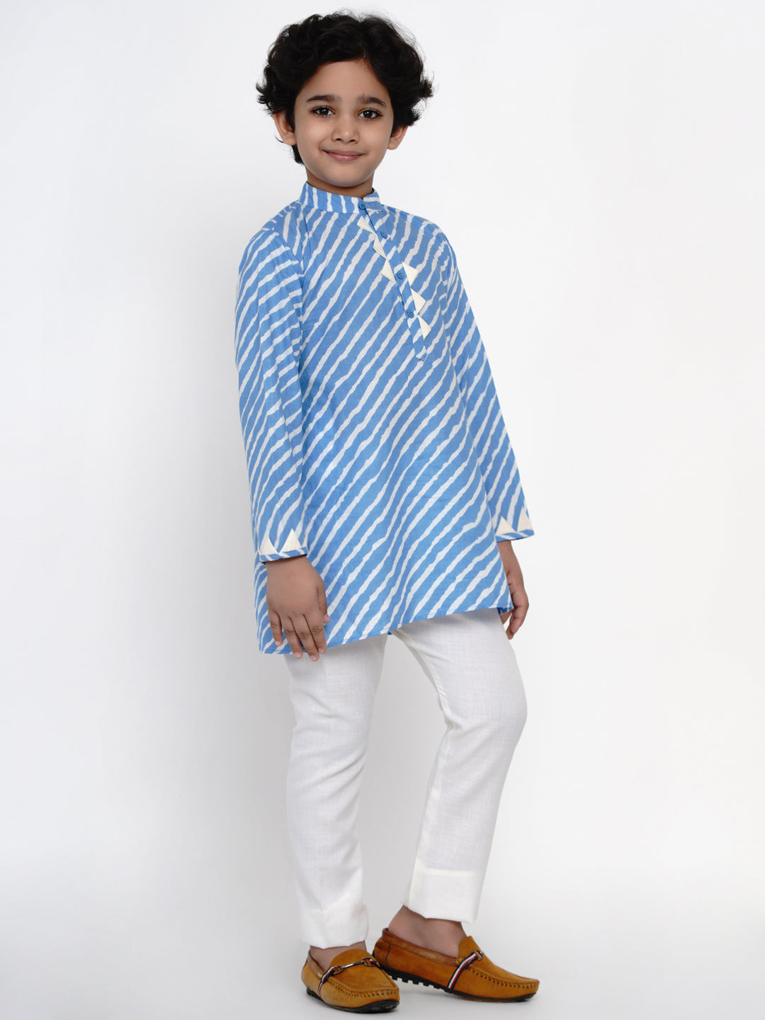 Boys Blue & White Striped Kurti with Pyjamas