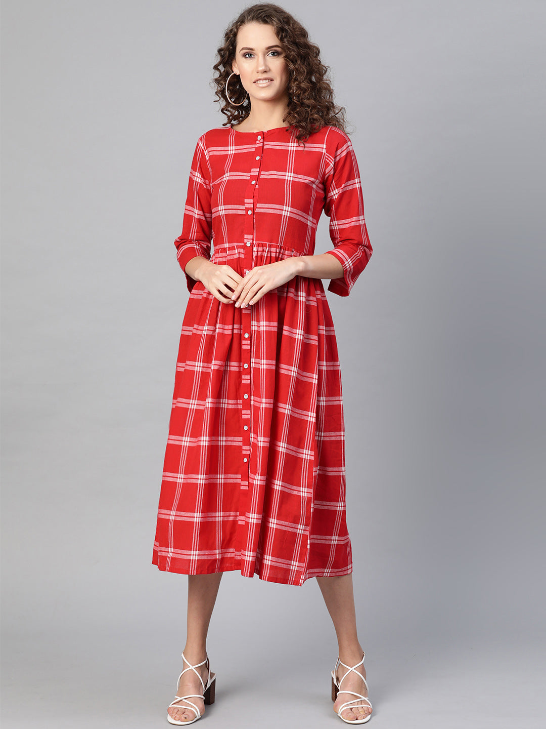 Bhama Couture Red & White Checked A-Line Dress
