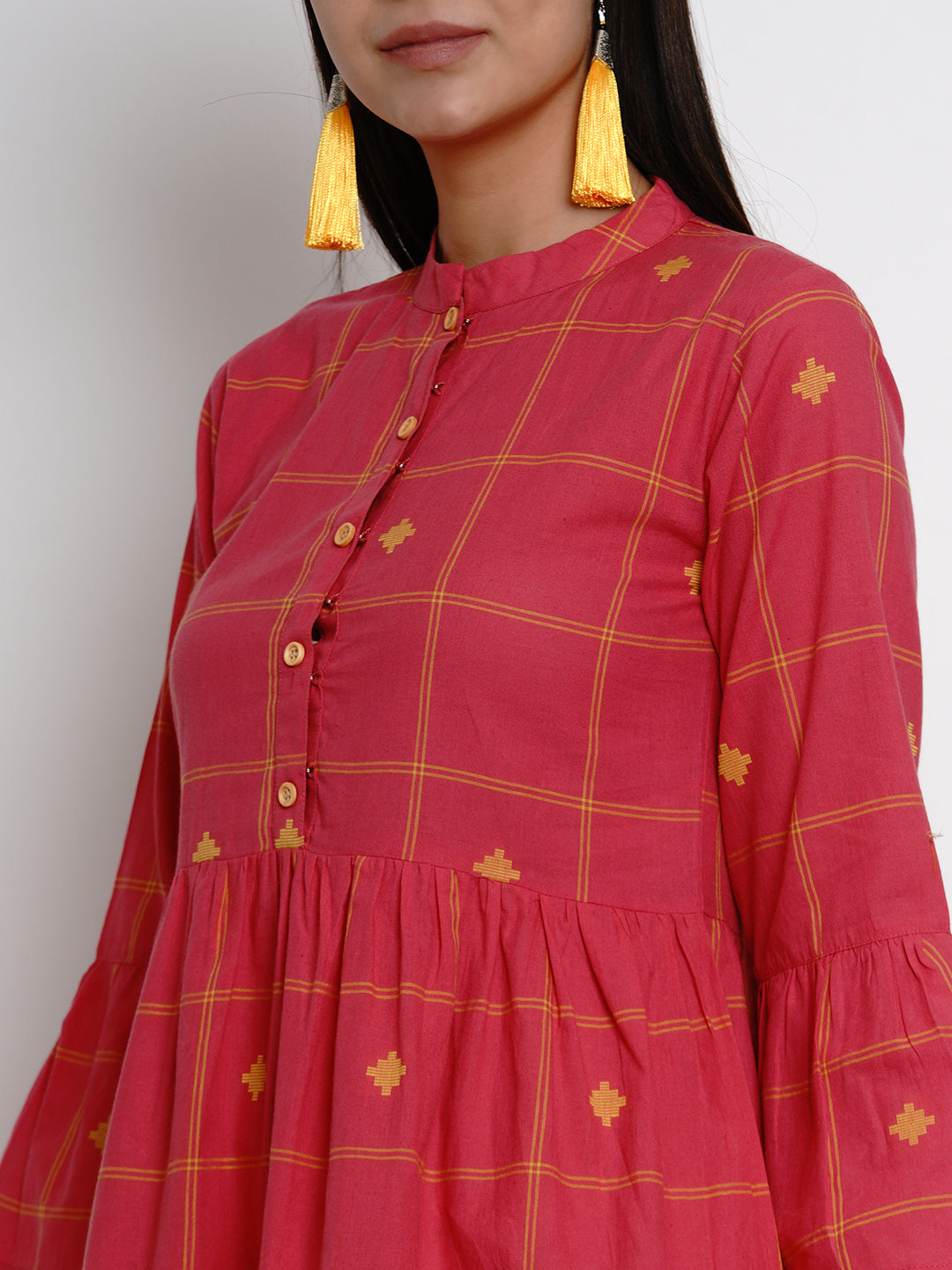 Bhama Couture Women Pink Yellow Plaid A-Line Gathers Detailed Ethnic Dress