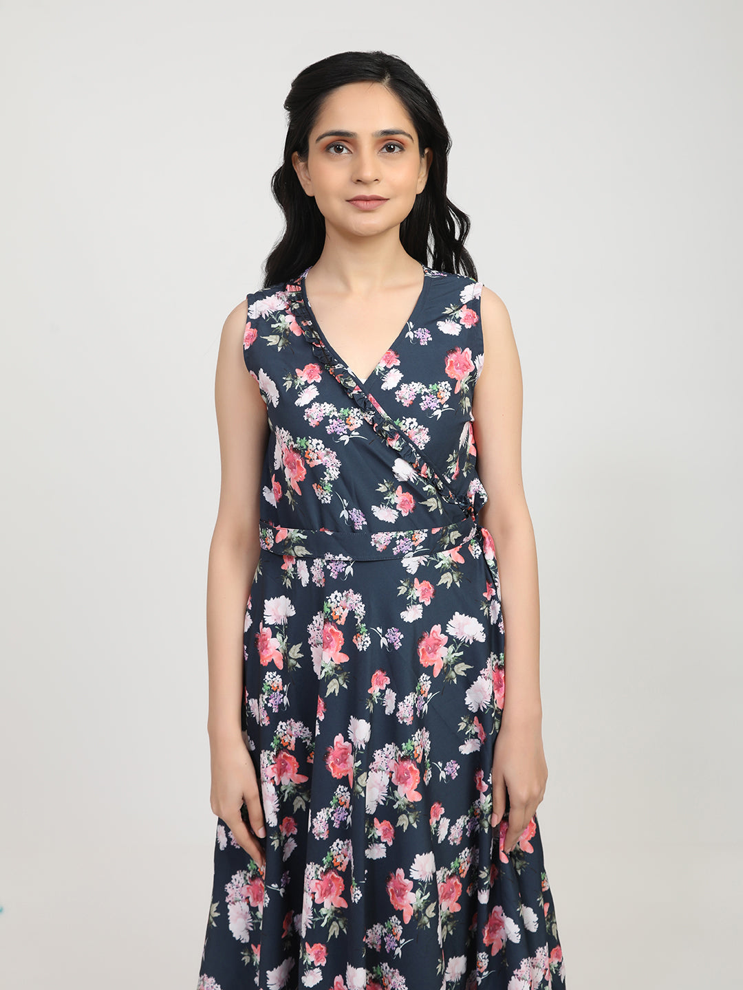 Bhama Couture Women Navy Blue Floral Crepe Maxi Dress