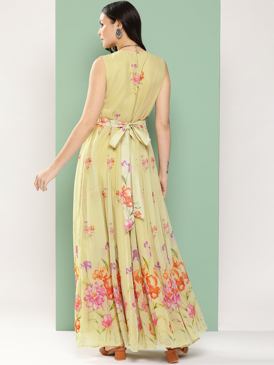 Bhama Couture Yellow Printed Long Dress V-Neck With Lace Details