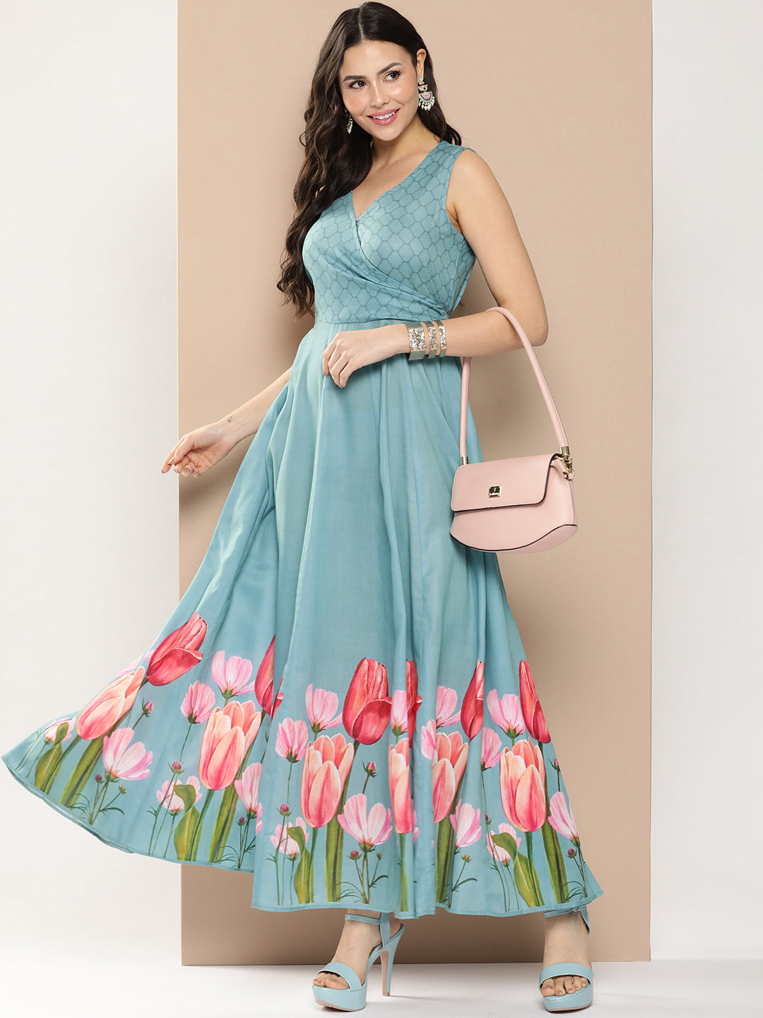 Shop Bhama Couture Turquoise Blue Printed Long Dress With V Neck Online