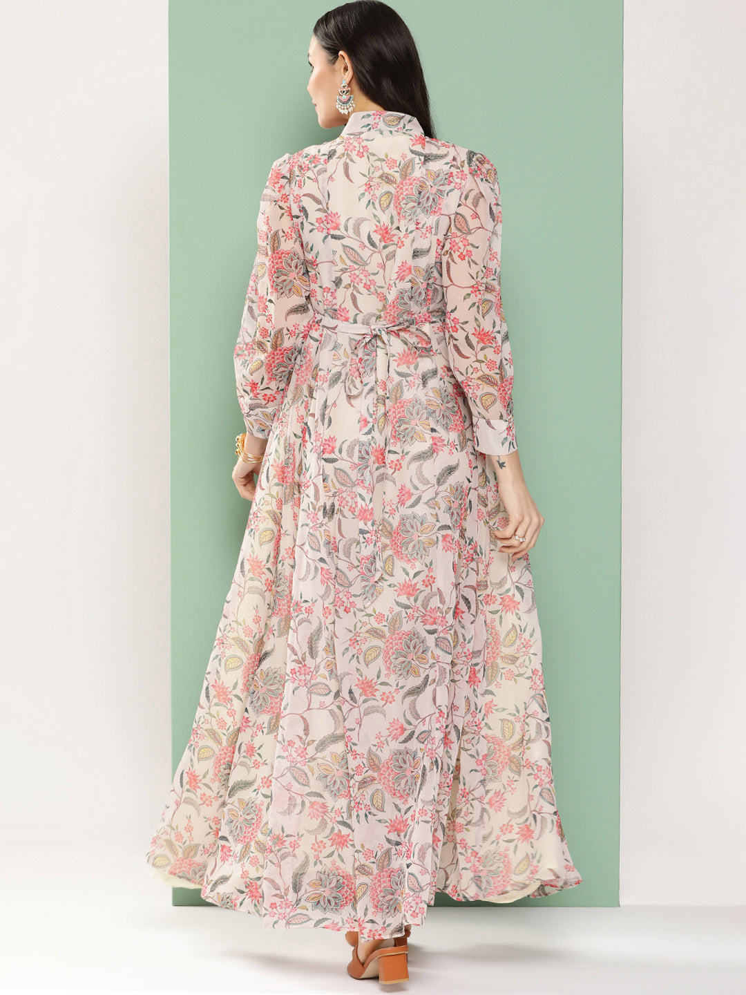 Bhama Couture Off-White Printed Long Dress With Tie-Up Neck