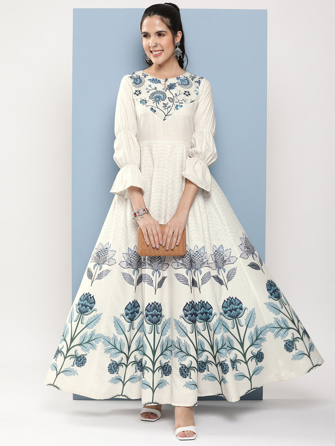 Shop Bhama Couture Off-White & Blue Printed Long Dress With Waist Belt Online Shop Bhama Couture Off-White & Blue Printed Long Dress With Waist Belt Online