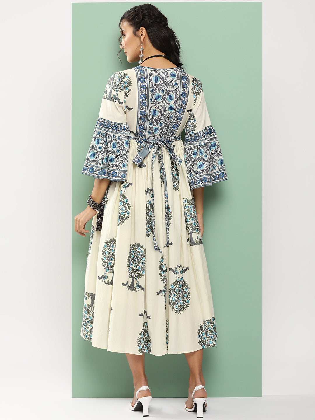 Bhama Couture Off-White Printed Long Dress With Waist Belt