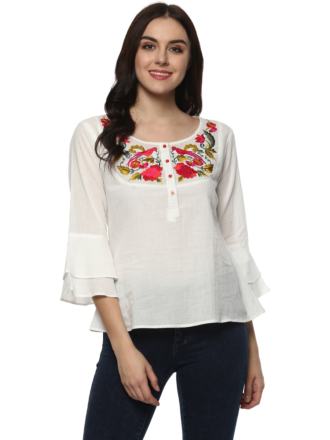 Bhama Couture White Embroidered A-Line Top