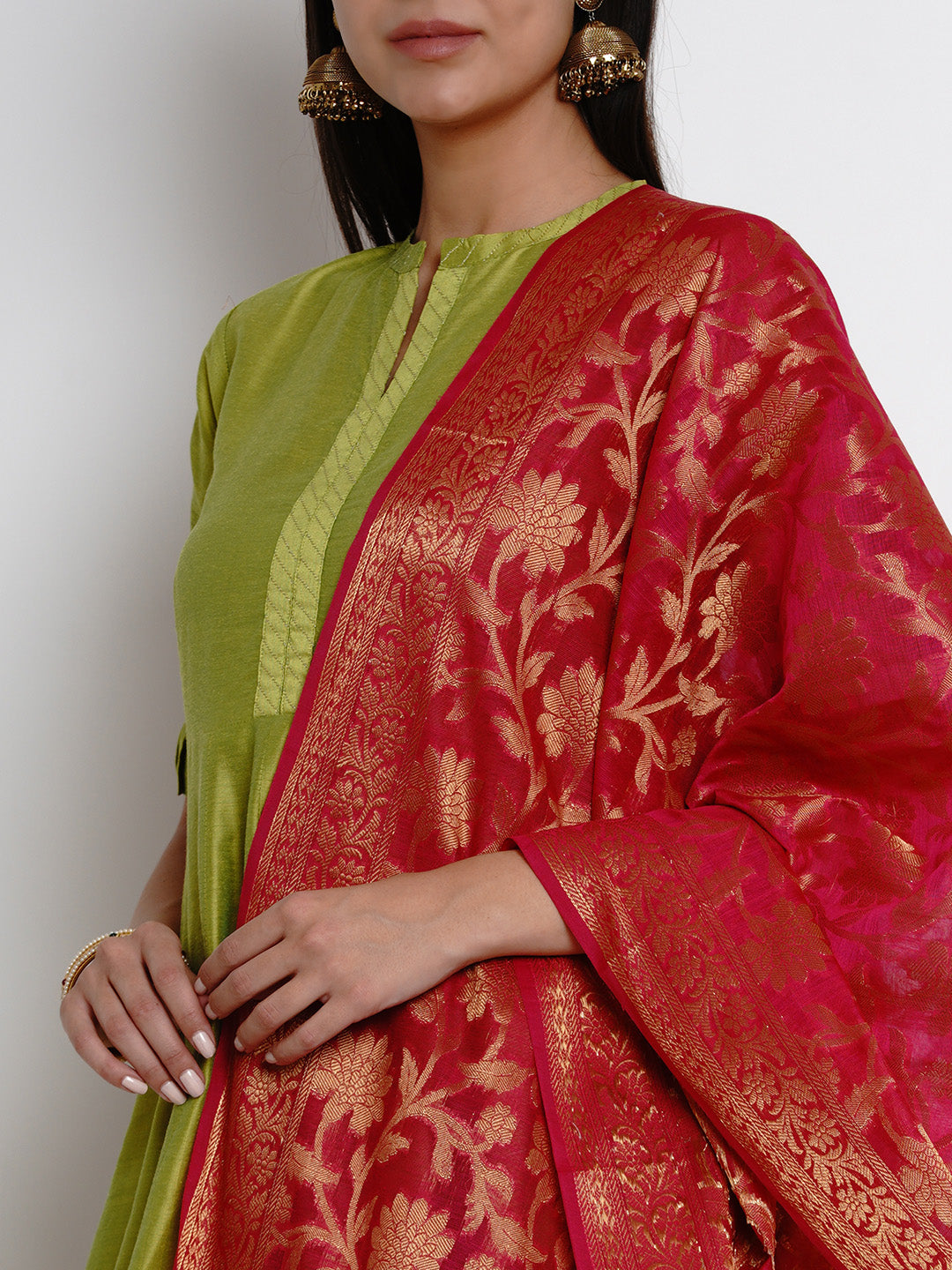 Bhama Couture Lime Green Solid Kurta With Trousers & Dupatta.