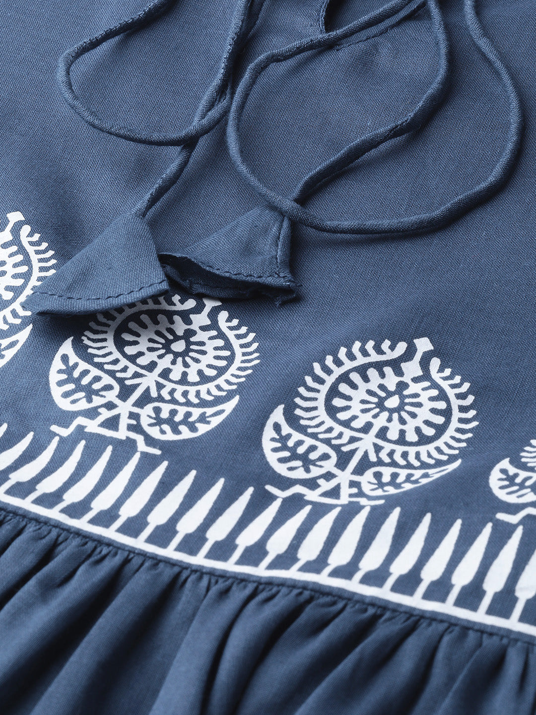 Bhama Couture Navy Blue Ethnic Motifs Bell Sleeves A-Line Top