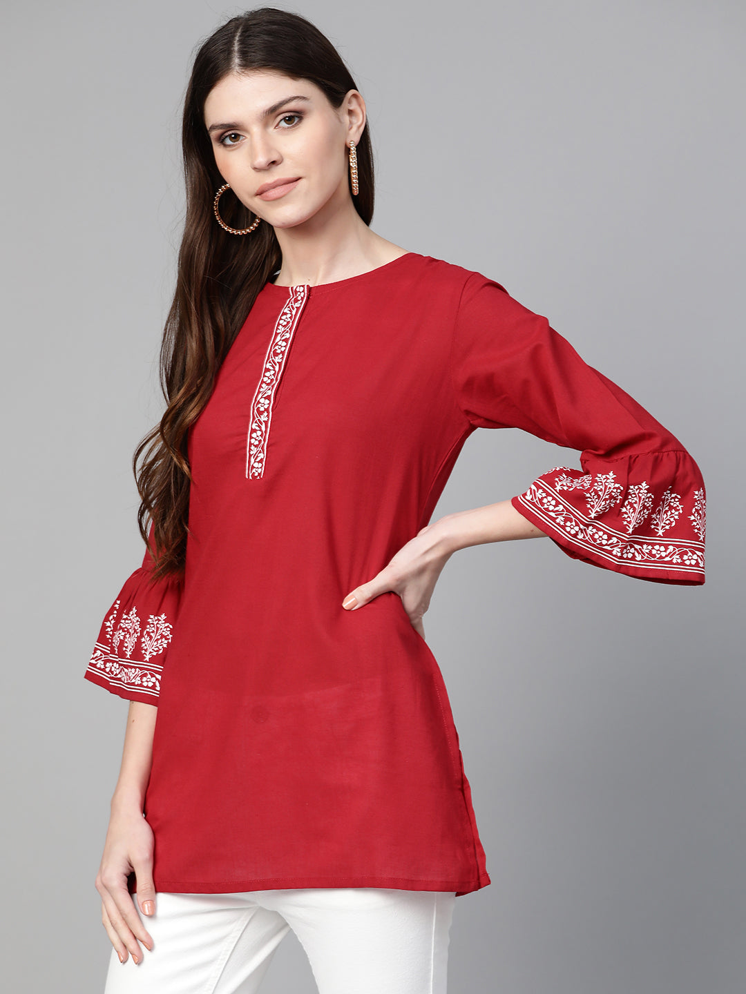 Bhama Couture Straight Maroon Bell Sleeved Tunic