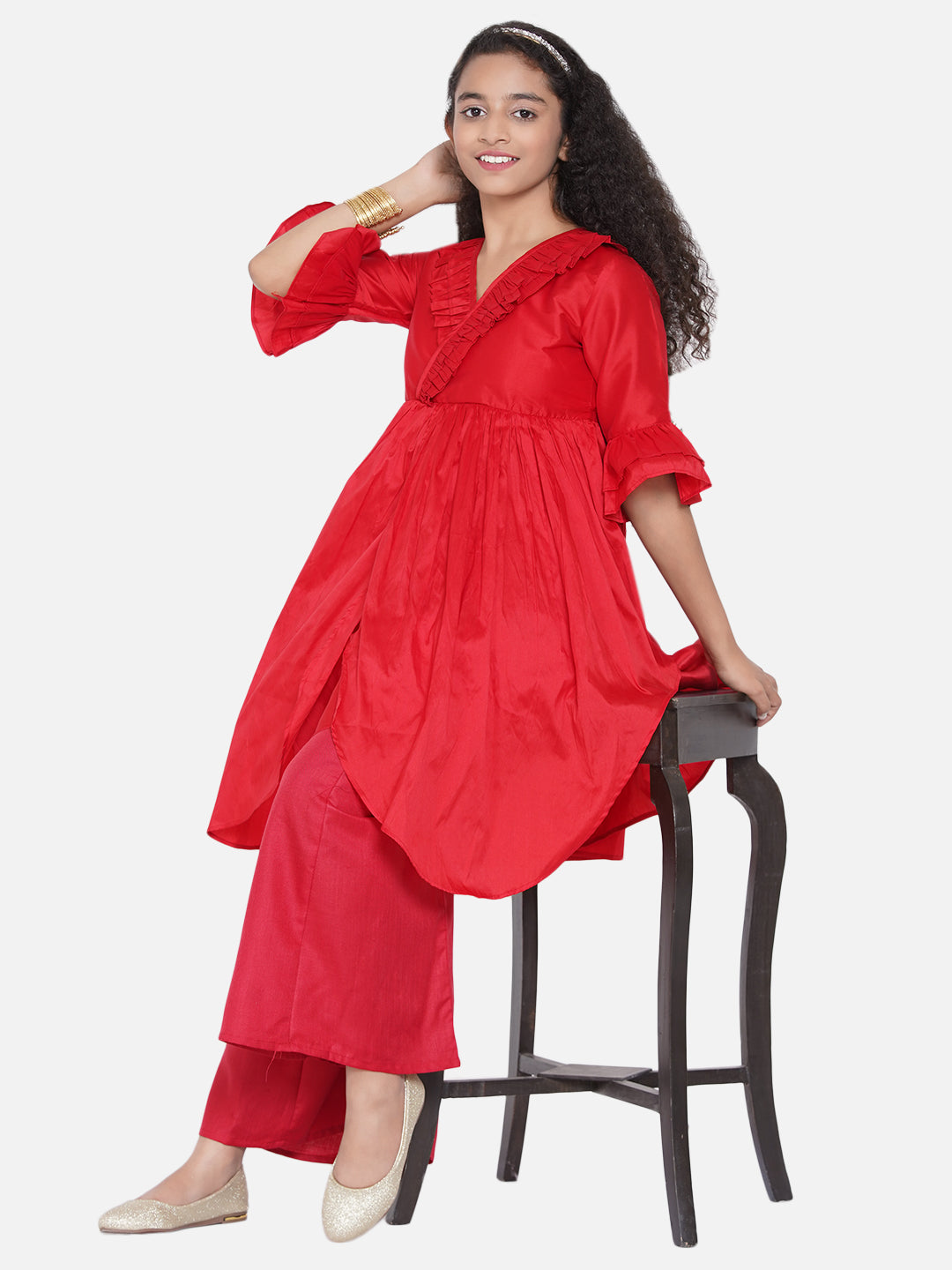Bitiya By Bhama Girls Red Pleated Asymmetric Kurta with Palazzos