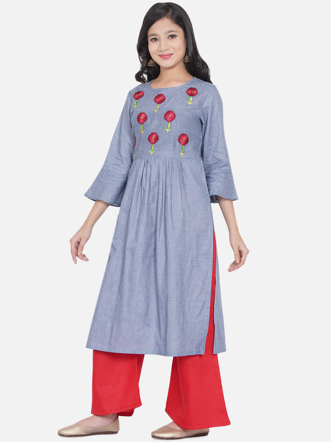 Bitiya By Bhama Girls Blue Floral Yoke Design Pleated Kurta With Palazzos
