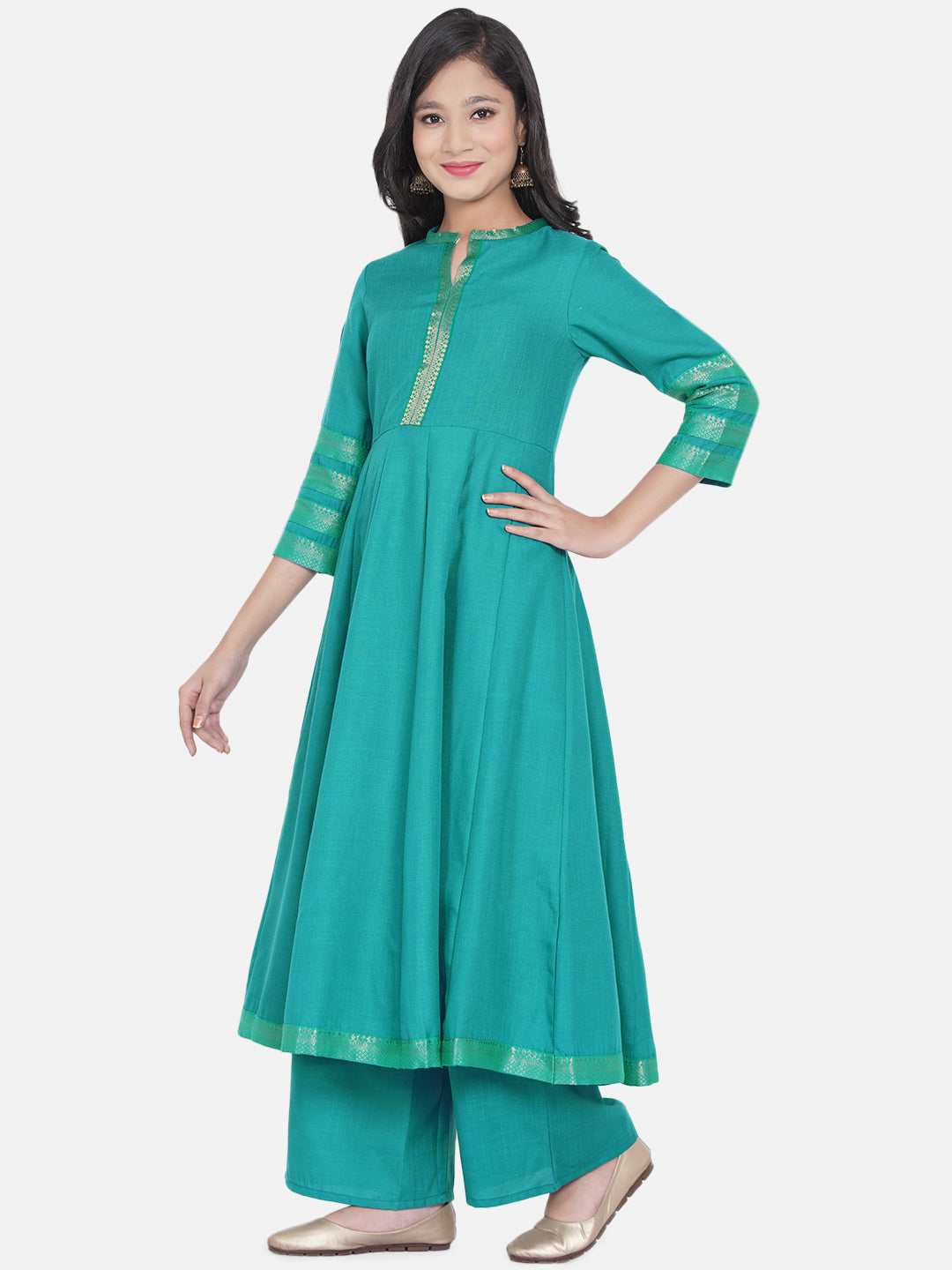 Bitiya By Bhama Girls Sea Green Solid Kurta With Palazzos