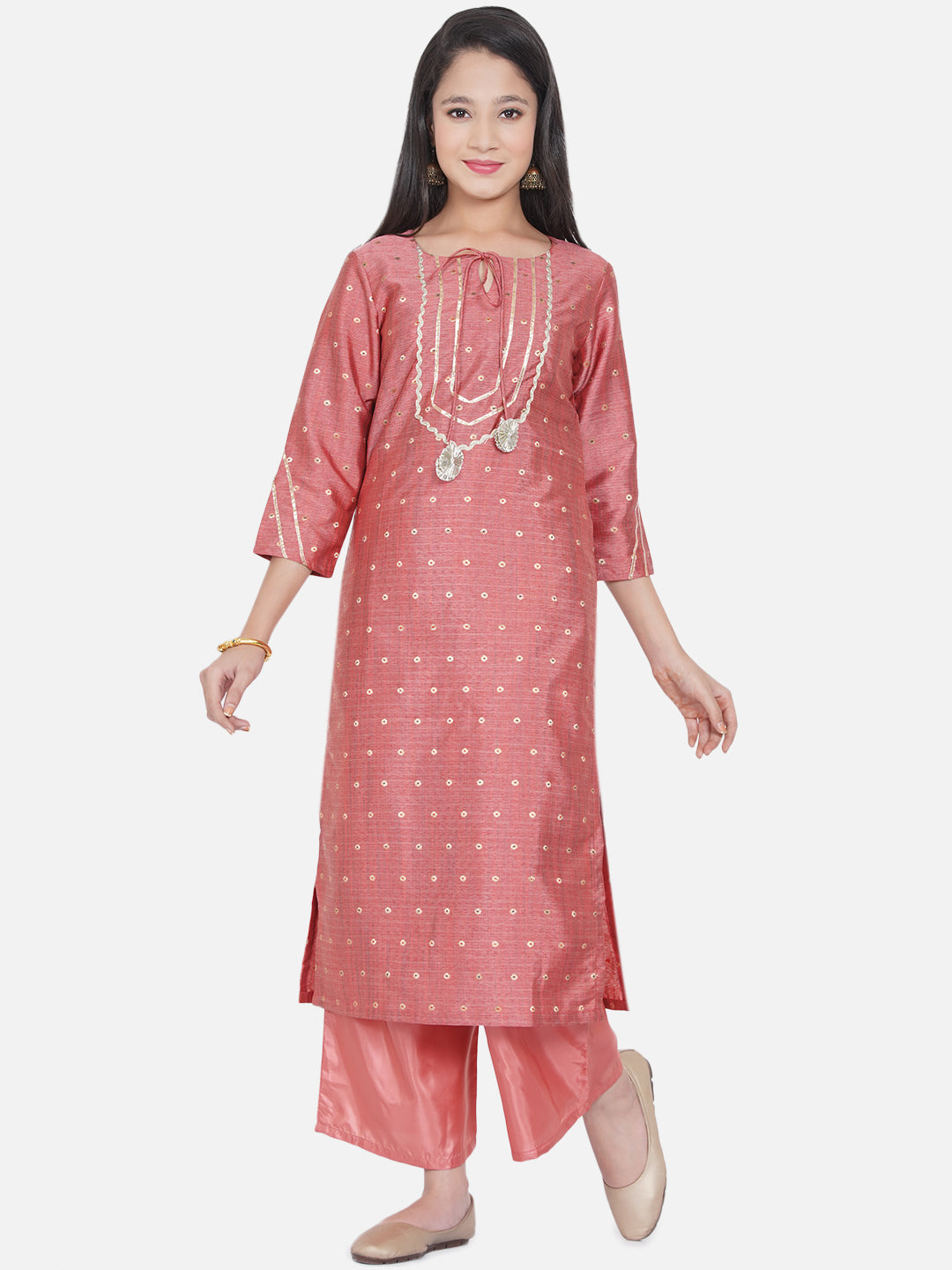 Bitiya By Bhama Girls Peach-Coloured Ethnic Motifs Embroidered Kurta With Palazzos
