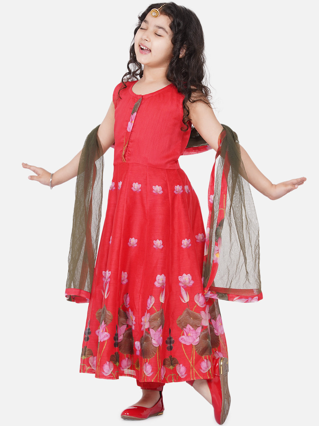 Bitiya By Bhama Girls Red-Printed Kurta And Trouser With Dupatta