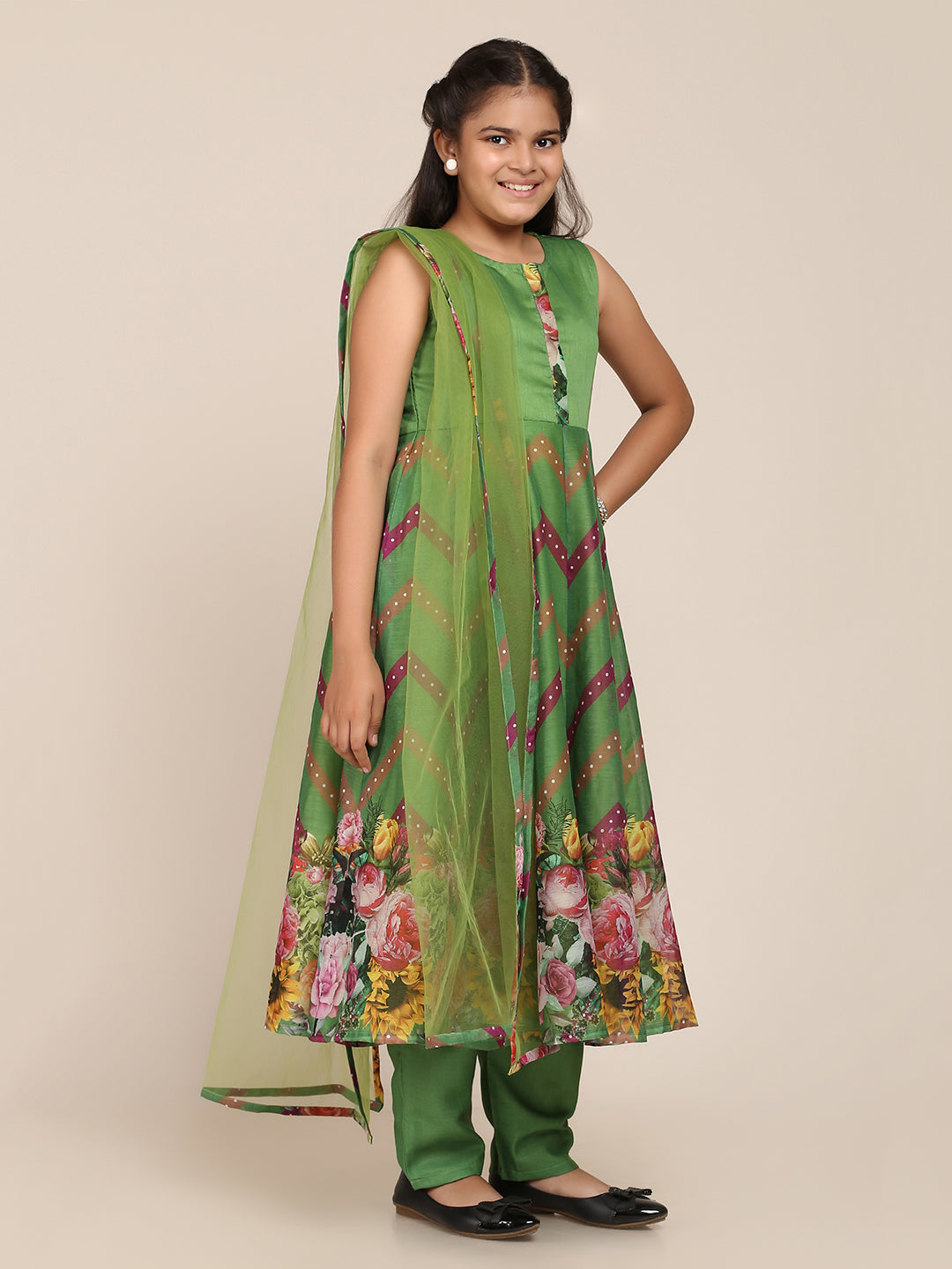 Bitiya By Bhama Green Digital Print Anarkali With Pant With Dupatta