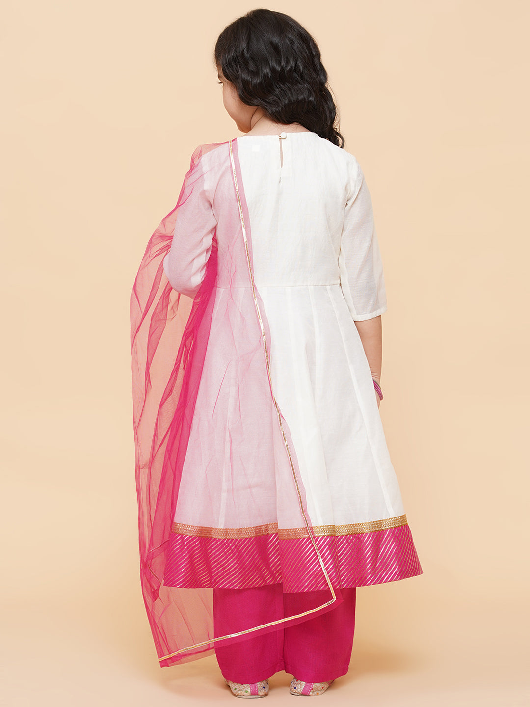Bitiya By Bhama Girls White Embroidered Anarkali Kurta With Trouser & With Dupatta