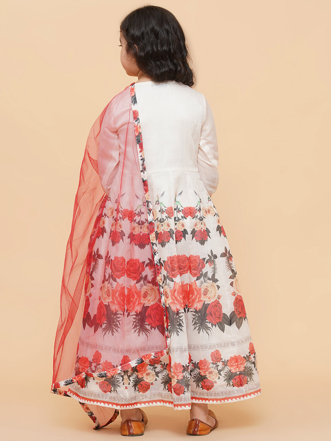 Bitiya By Bhama Girls Beige Floral Printed Anarkali Kurti With Dupatta