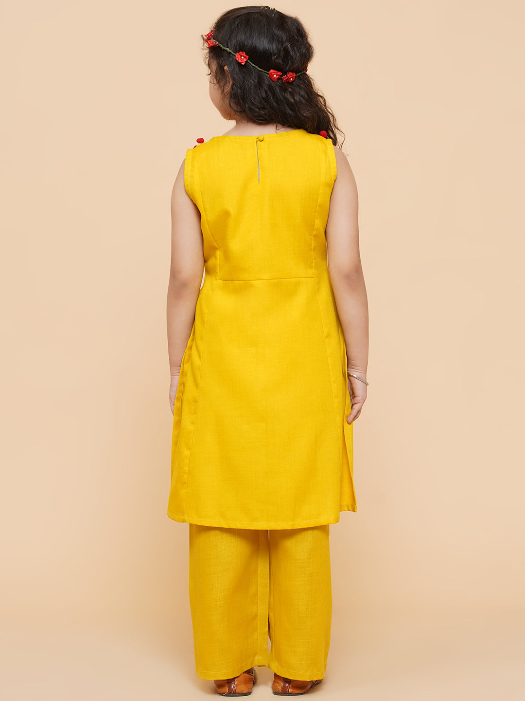 Bitiya By Bhama Girls Mustard Yellow Floral Embroidered Kurta With Palazzo