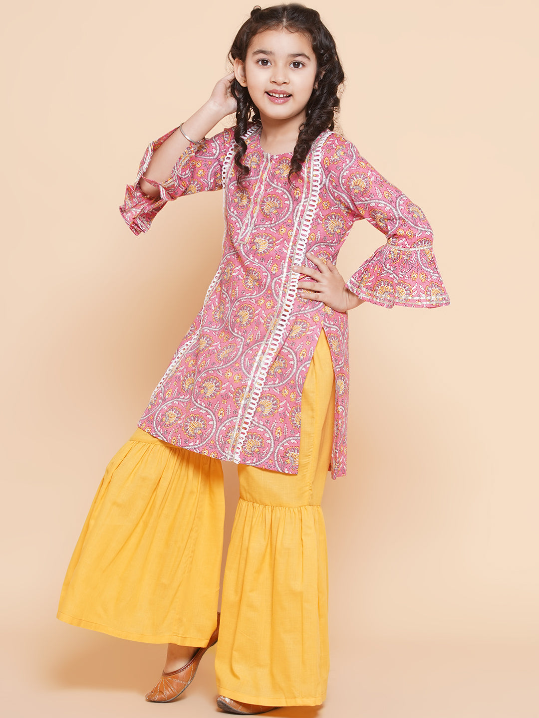 Bitiya By Bhama Girls Pink Floral Printed Panelled Pure Cotton Kurta With Sharara