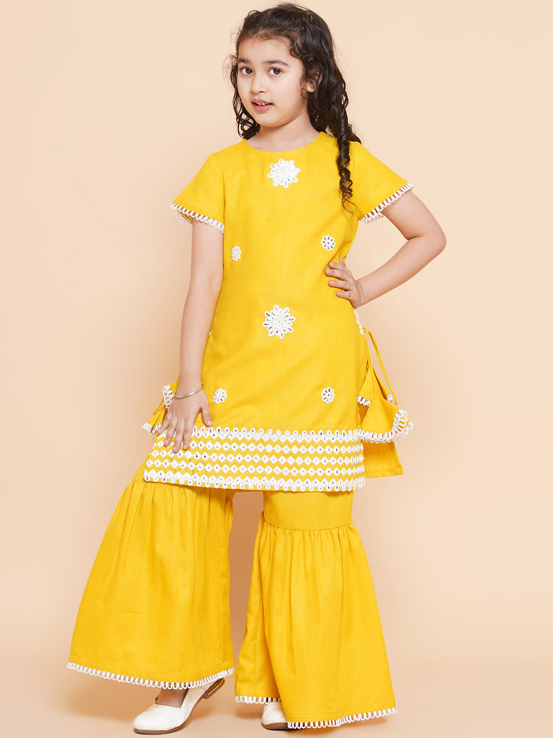 Bitiya By Bhama Girls Yellow Thread Work Embroidered Kurta With Sharara
