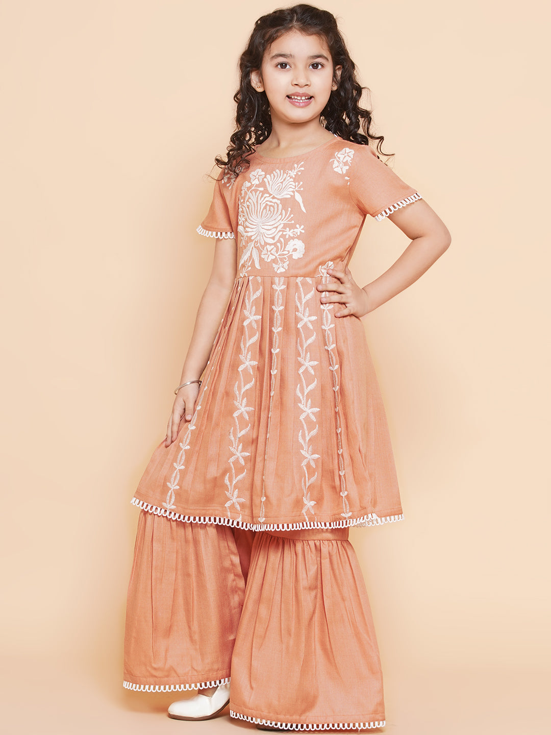 Bitiya By Bhama Girls Peach Floral Embroidered Kurta With Sharara