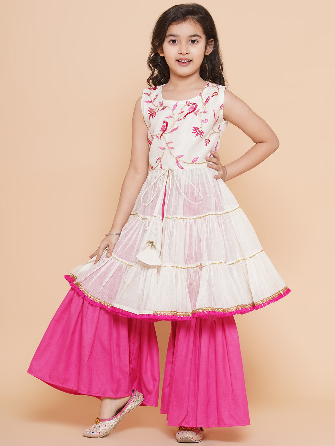 Bitiya By Bhama Girls White Embroidered Tiered Gotta Patti Kurta With Sharara
