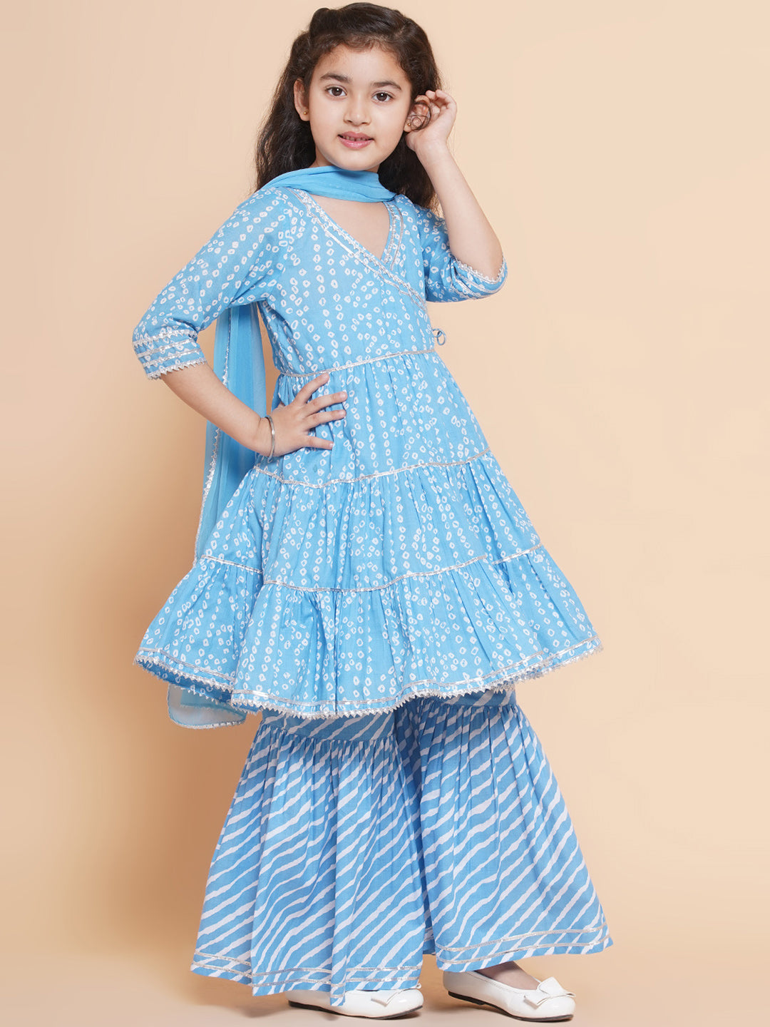 Bitiya by Bhama Girls blue Bandhani Printed Angrakha Gotta Patti Kurta With Sharara With Dupatta