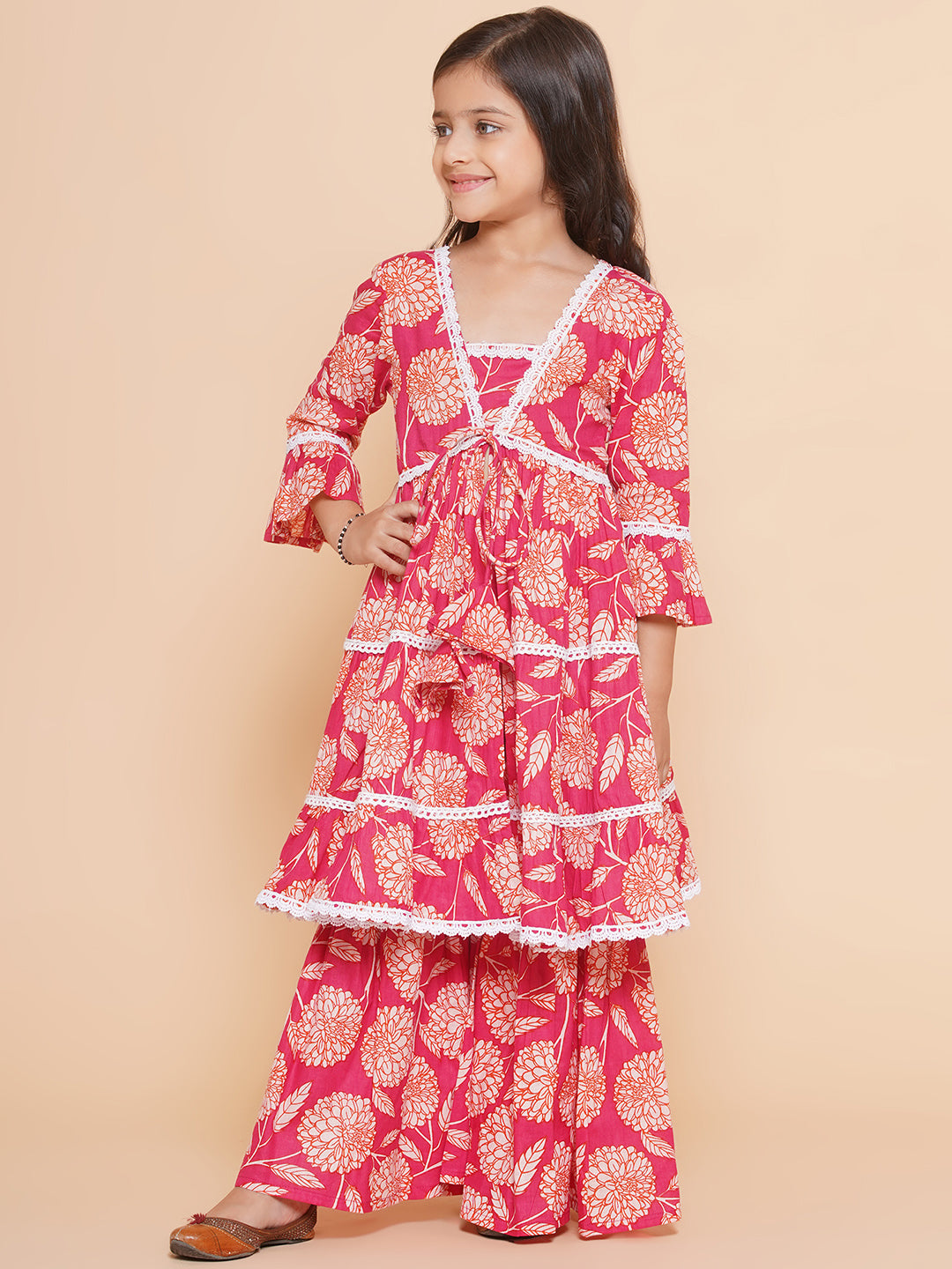Bitiya by Bhama Girls Pink Printed V- Neck Kurta with Sharara