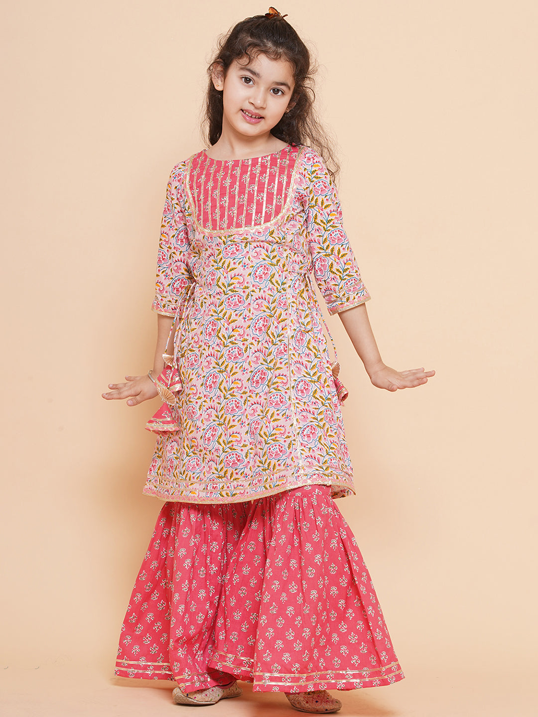 Bitiya by Bhama Girls Floral Printed Cotton Kurta with Sharara