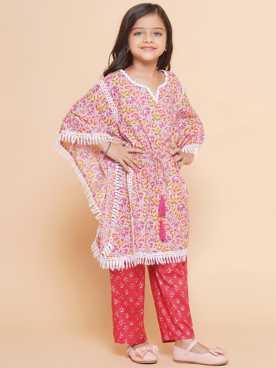 Bitiya by Bhama Girls Peach Printed V- Neck Kaftan Kurta with Palazzos