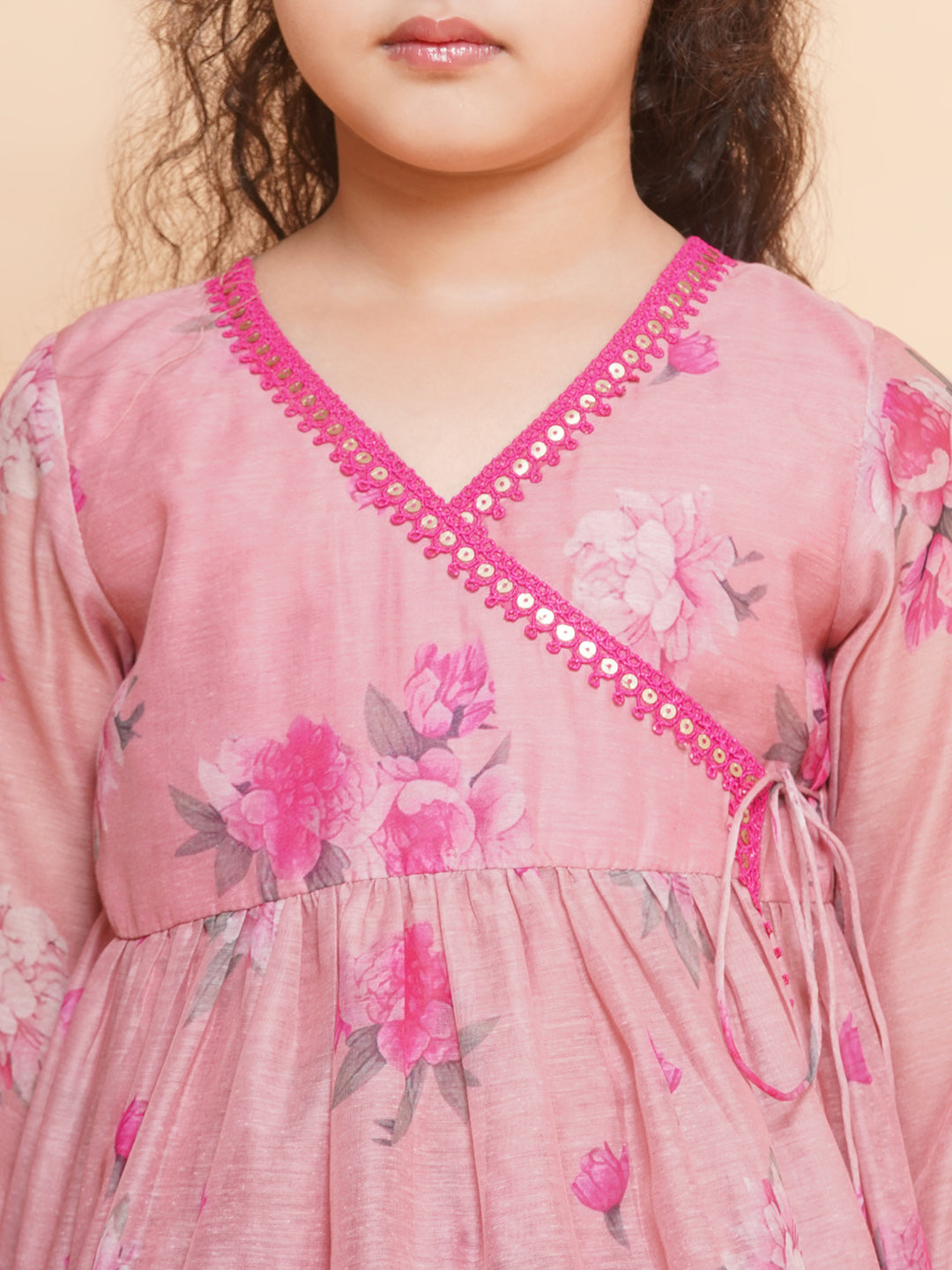 Bitiya by Bhama Girls Pink Printed Angrakha Kurta with Sharara