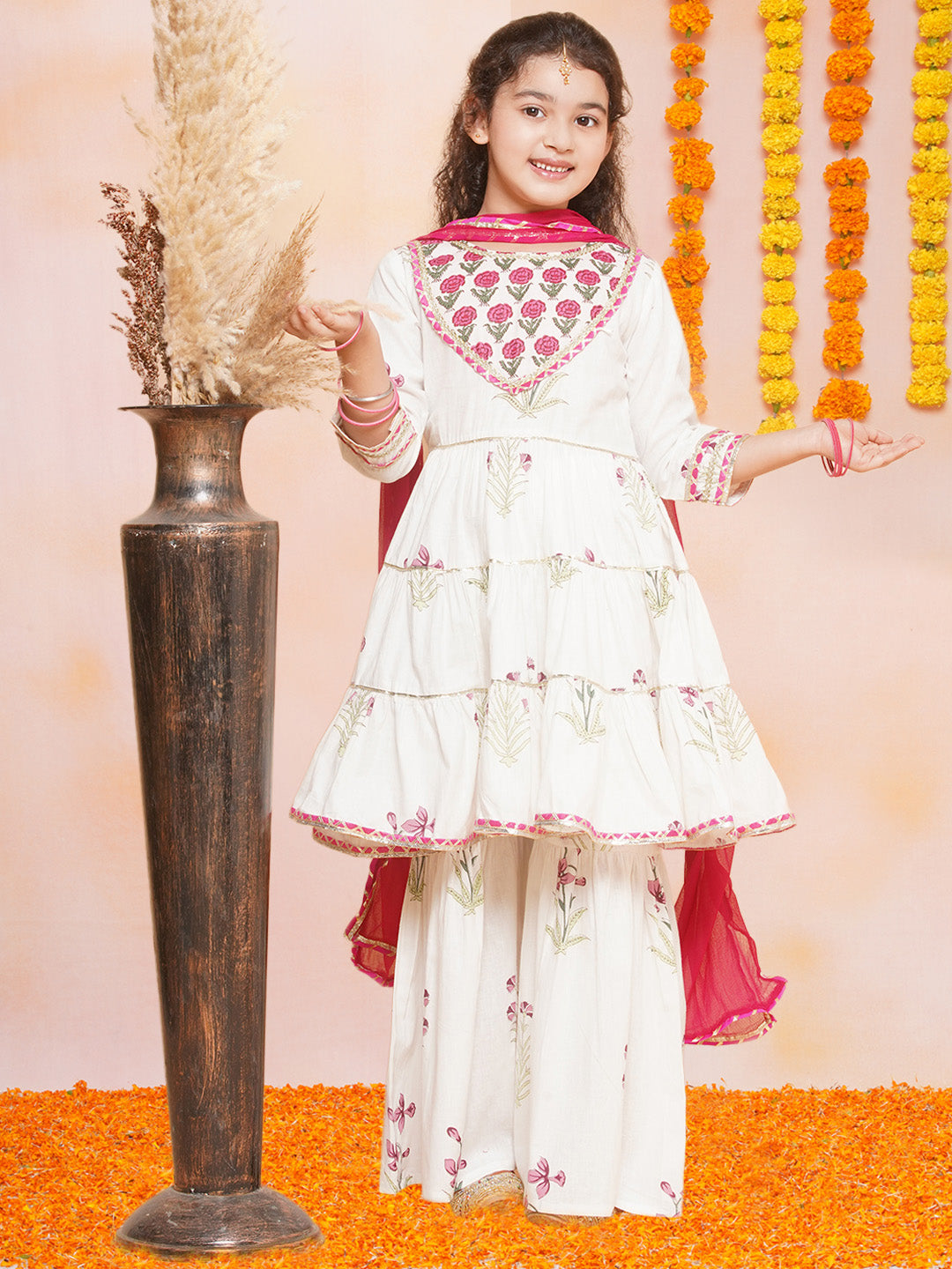 Bitiya by Bhama Girls Off-white Pink Printed Round- Neck Kurta with Sharara with Dupatta