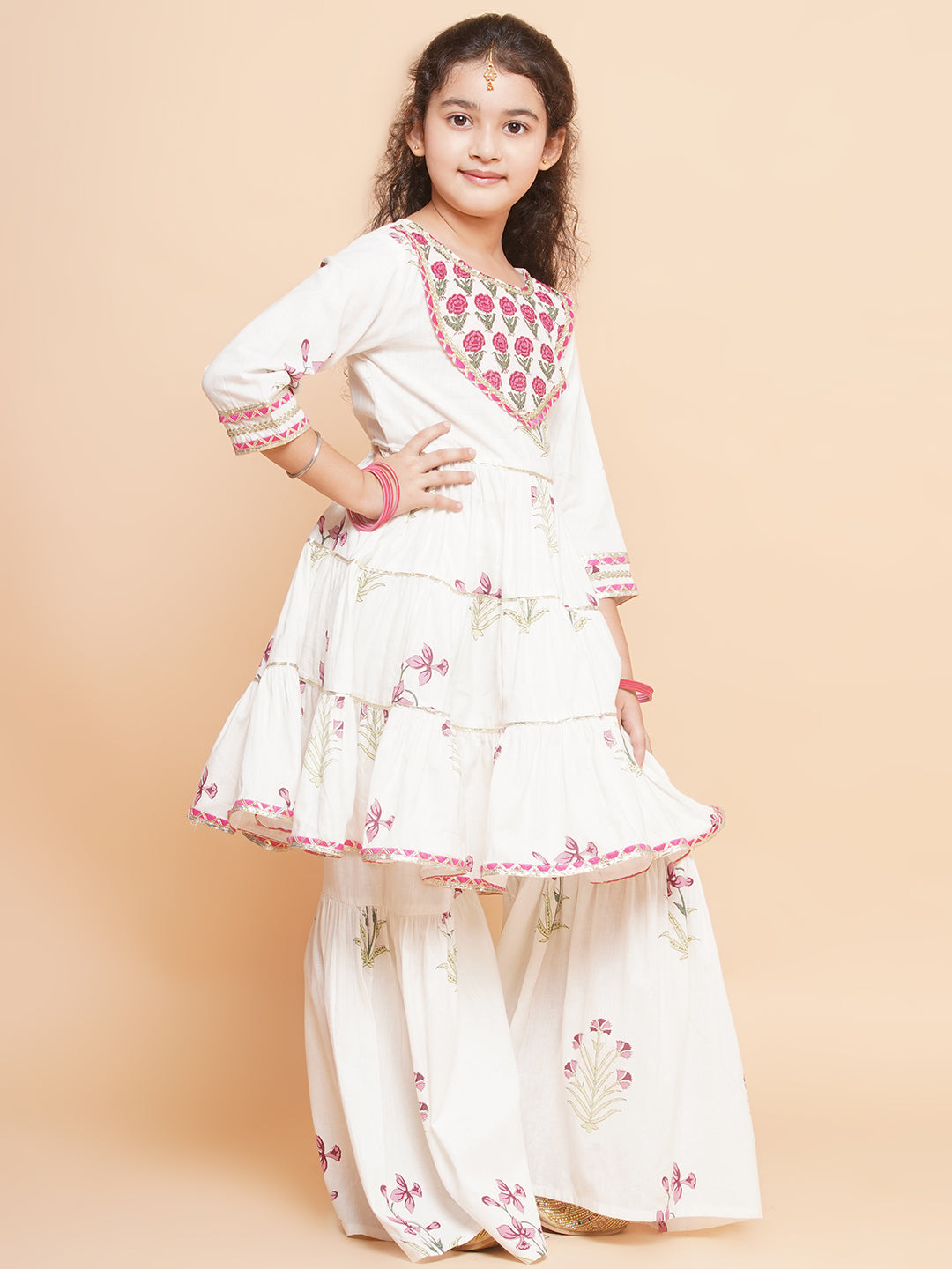 Bitiya by Bhama Girls Off-white Pink Printed Round- Neck Kurta with Sharara with Dupatta