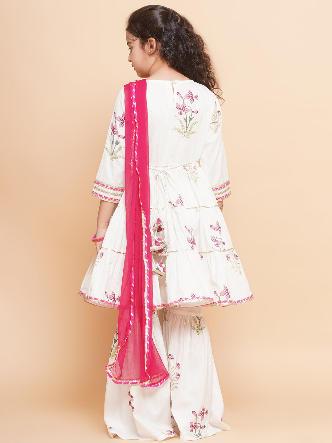 Bitiya by Bhama Girls Off-white Pink Printed Round- Neck Kurta with Sharara with Dupatta